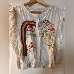 RARE Magnolia Pearl Embroidered Ruffle Ivory Top Rainbow & Mushroom Jabot HTF